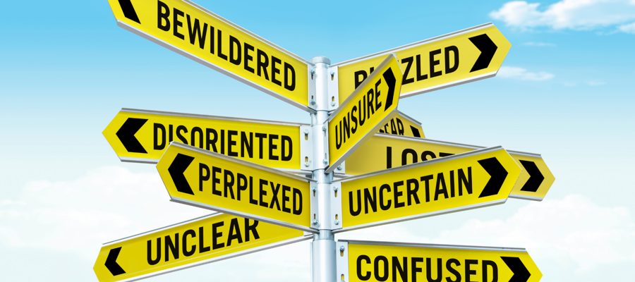 Signpost pointing to bewildered, unsure, uncertain, unclear and confused